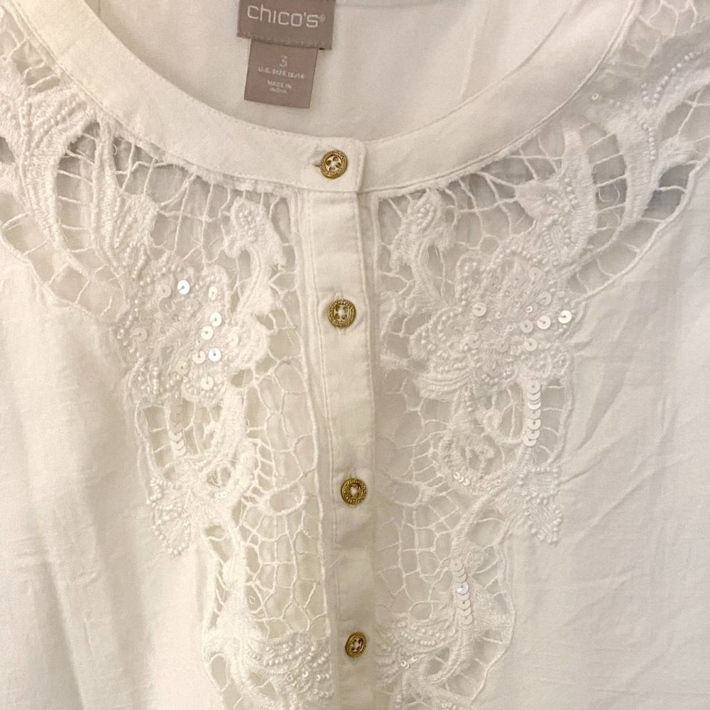 Chico's Long Sleeve Openwork Cut Lace White Top